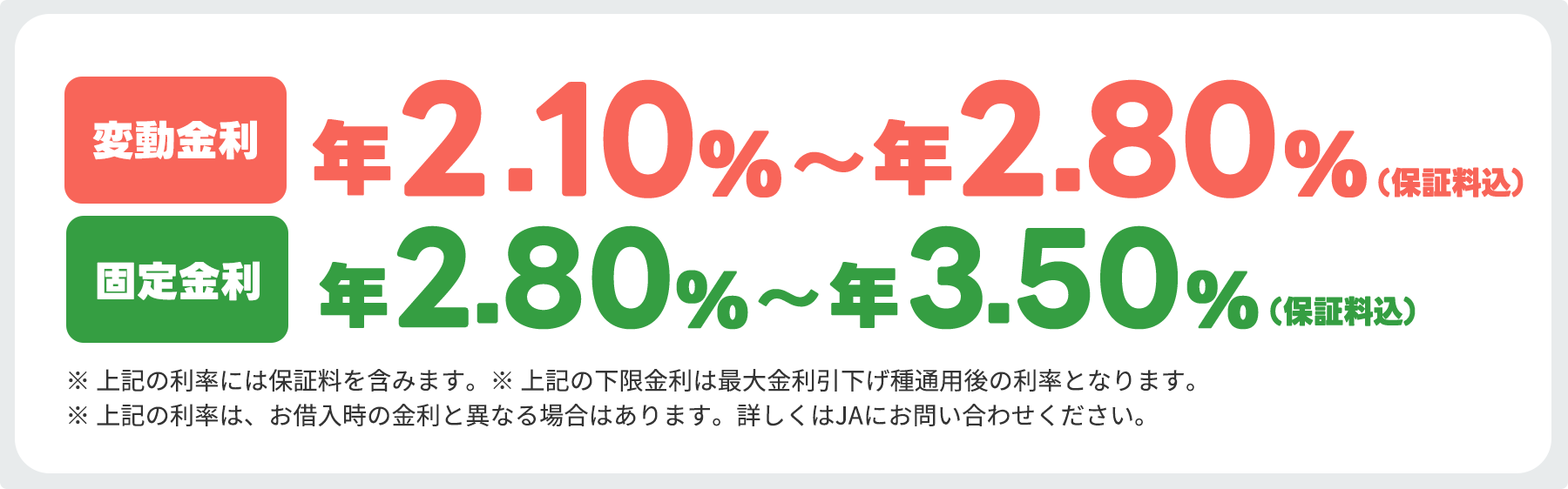 変動金利 年1.95%〜年2.95% / 固定金利(10年以内) 年2.50%〜年3.50%